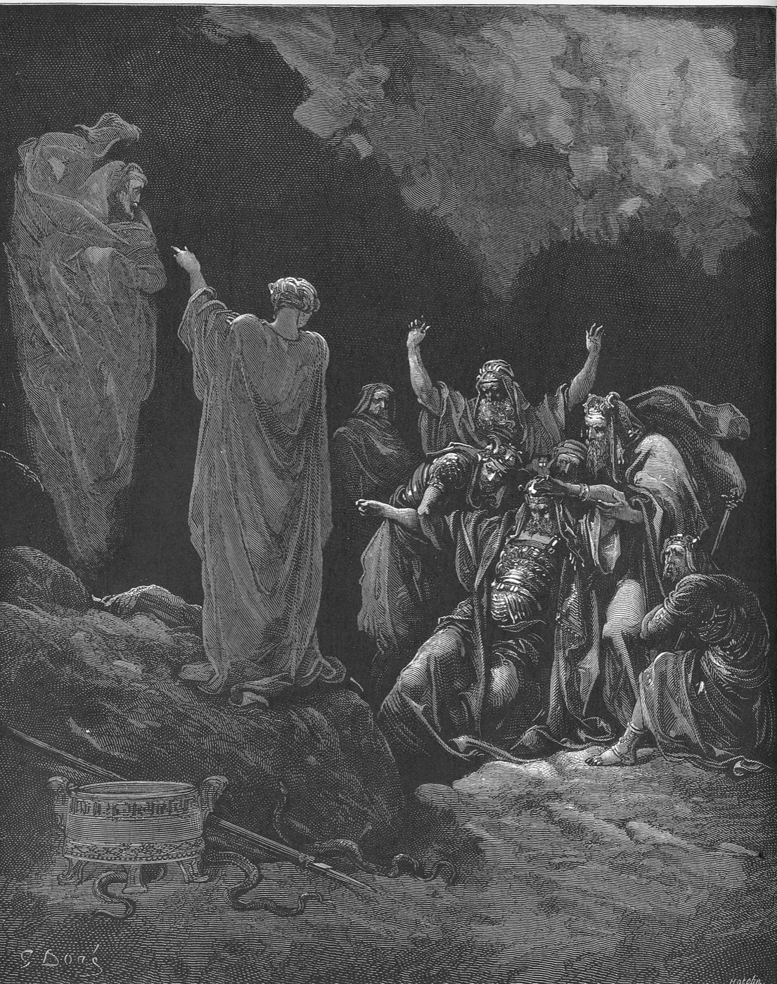 The witch of Endor raises Samuel.