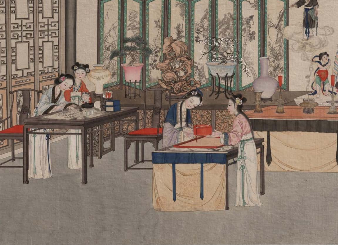 Miaoyu consults the planchette, from an illustrated Dream of the Red Chamber.