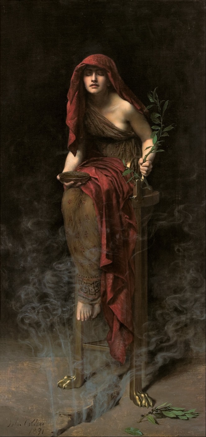 John Collier's Priestess of Delphi, 1891: the tripod, the laurel, the vapour, the bowl.