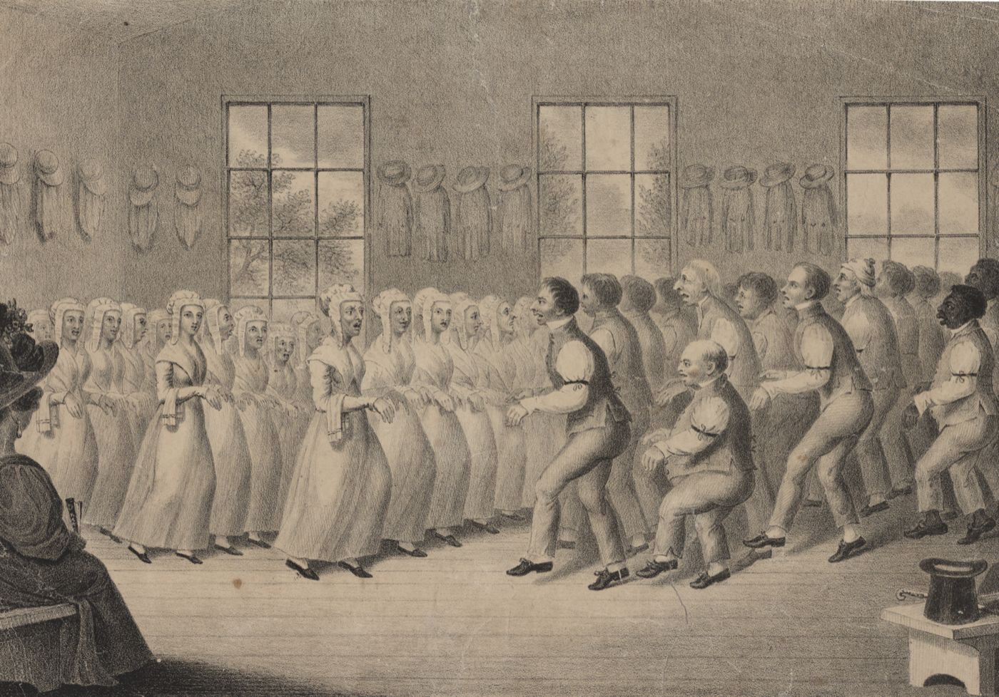 Shakers dancing, lithograph.